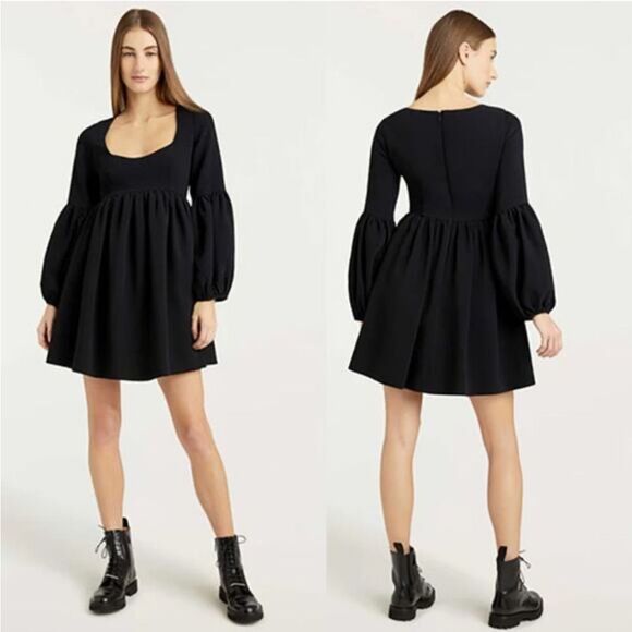 Cinq a Sept Dorina Black Long Puff Sleeve Scoop Neck Mini Dress Size 2 NWT $465 - Picture 1 of 5